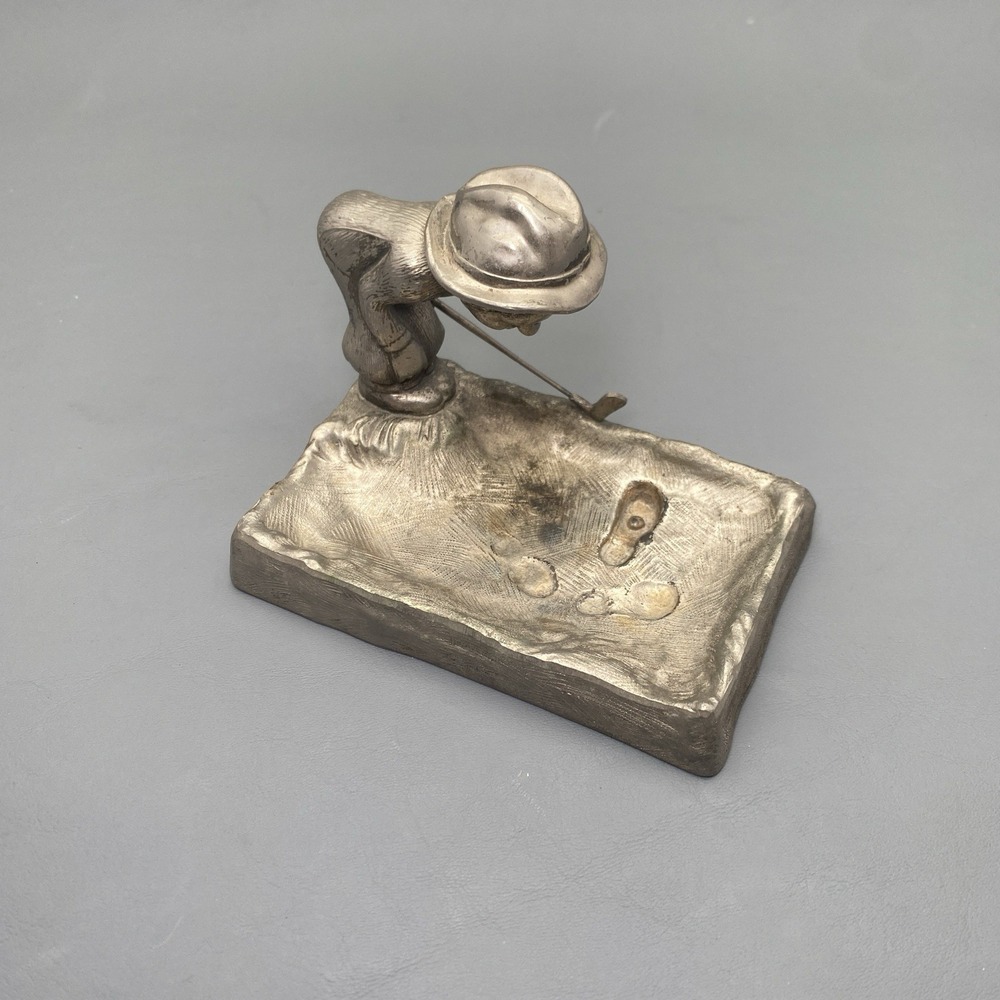 Vtg Pewter Golfer in A Sand Trap Ashtray Desktop Trinket Dish 1950s